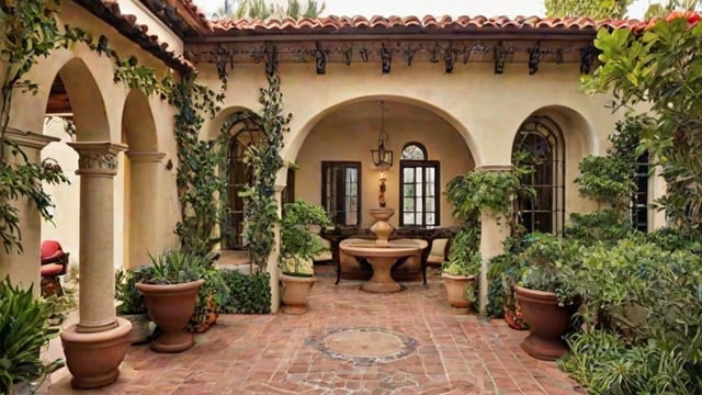 A Spanish style house with a courtyard in the middle, surrounded by potted plants and a fountain.