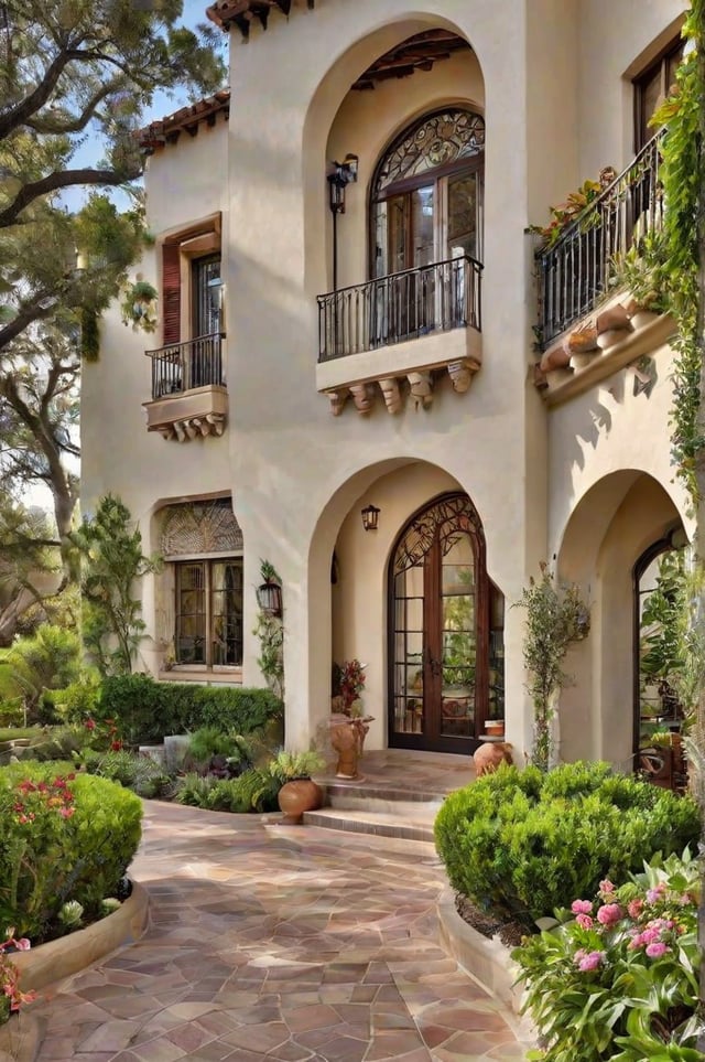 A Spanish style house with a large front porch, a balcony, and a doorway. The house is surrounded by a lush garden with many potted plants and vases.