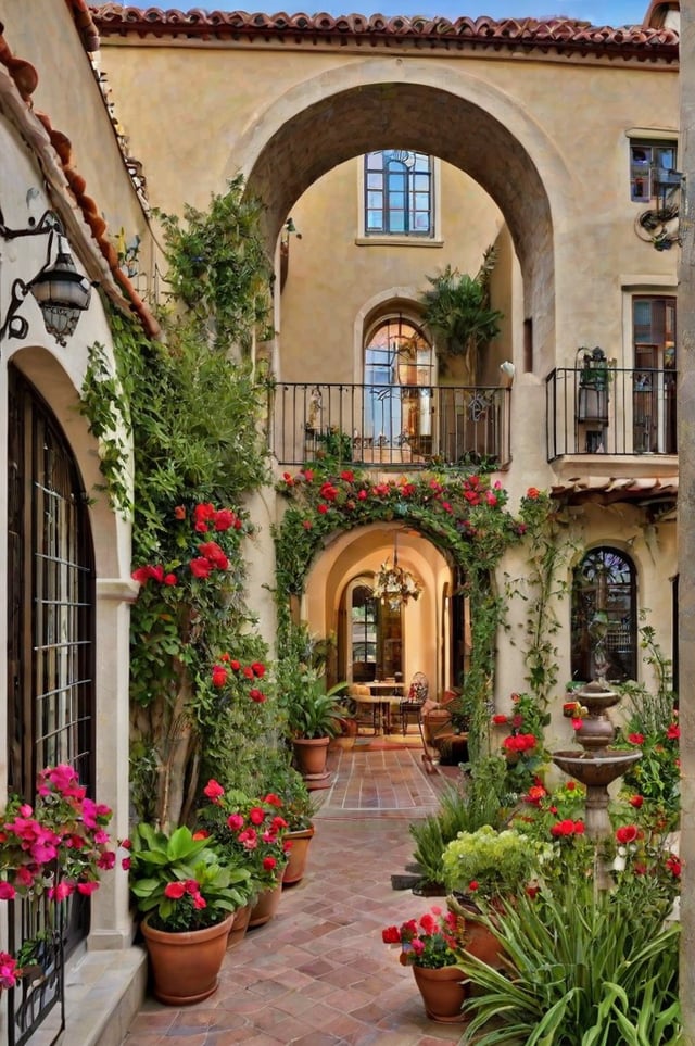 A Spanish style house with a red roof, a balcony, and a patio filled with potted plants, flowers, and vines.