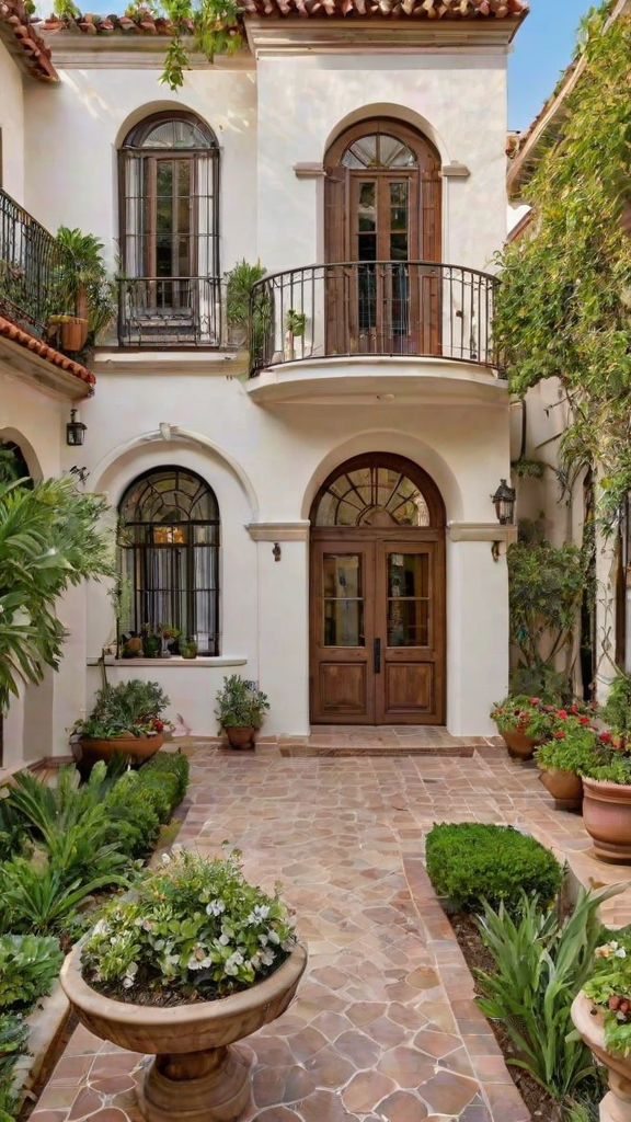 A white house with a large wooden door and a balcony above it. The house is surrounded by potted plants and flowers, creating a welcoming and lush atmosphere.