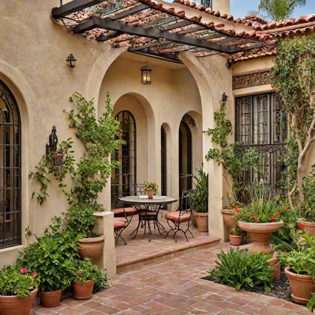 A house exterior with a patio and dining table, surrounded by potted plants. The house has a Spanish style design with arched doorways and a tiled roof.