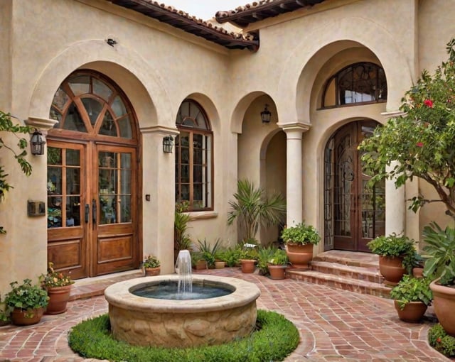 A Spanish style house with a fountain in the middle of the courtyard. The house has a large archway and is surrounded by potted plants and flowers.