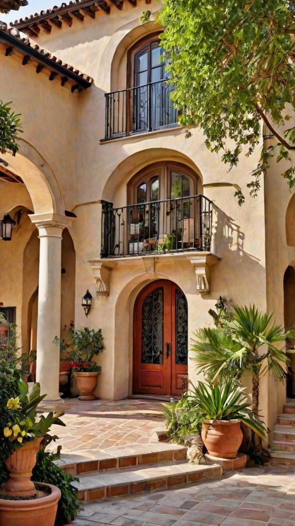 Spanish-style house with red door and balcony