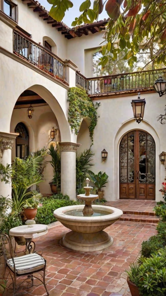 A Spanish style house with a fountain in the garden. The house has a white stucco exterior and a black iron gate. The garden is filled with greenery and potted plants.