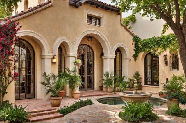 A Spanish style house with a fountain and potted plants in the front yard.