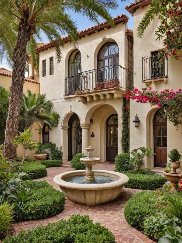 A Spanish style house with a fountain in the center of the courtyard, surrounded by greenery and a wrought iron balcony.