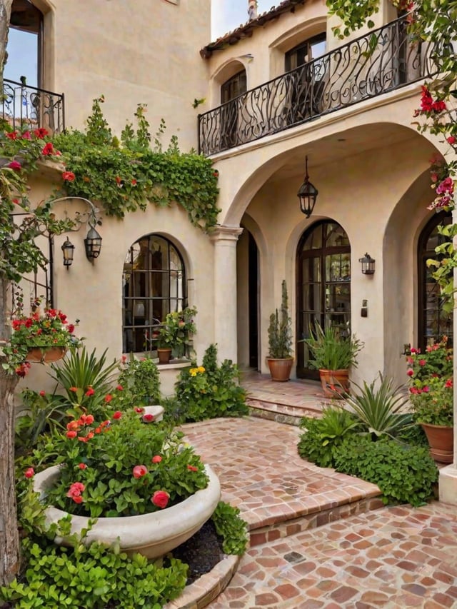 A house with a brick walkway and a variety of potted plants and flowers.