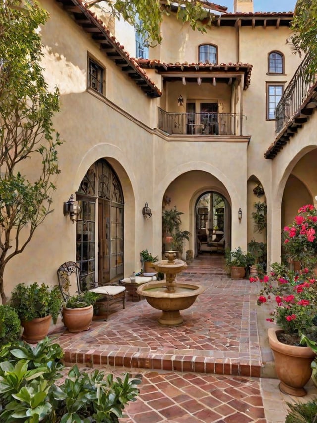 A Spanish style house with a courtyard featuring a fountain and potted plants.