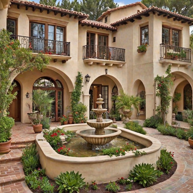 A Spanish style house with a fountain in the middle of a garden. The garden is filled with greenery and flowers, creating a serene and inviting atmosphere.