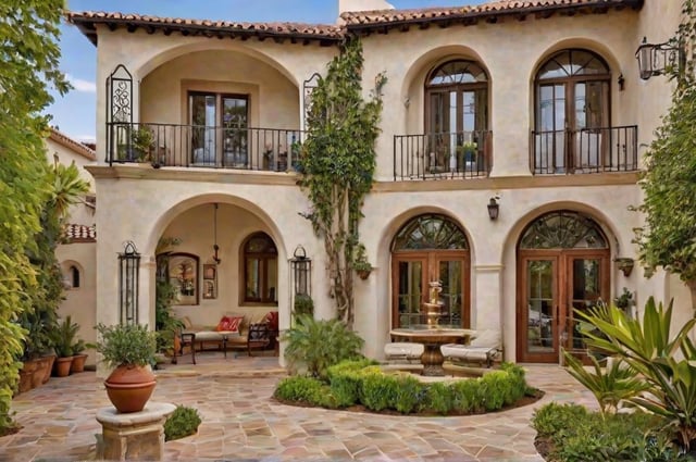 A Spanish style house with a large patio and a fountain in the center. The house has a white exterior and is adorned with many windows and a balcony.