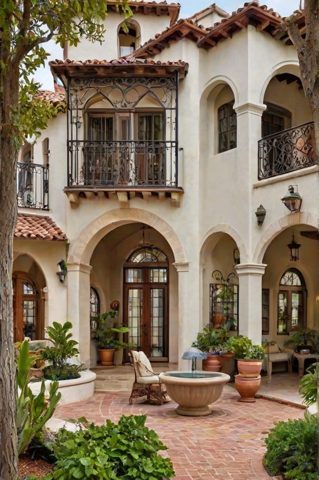 A Spanish style house with a large patio and a fountain. The house has a large balcony with a wrought iron railing and a large window. The patio is adorned with many potted plants and a bench. The house is surrounded by a lush garden with many trees and bushes.