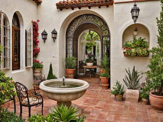 Outdoor patio with a fountain, potted plants, and a table. The space is decorated with a variety of plants and flowers, creating a lush and inviting atmosphere.