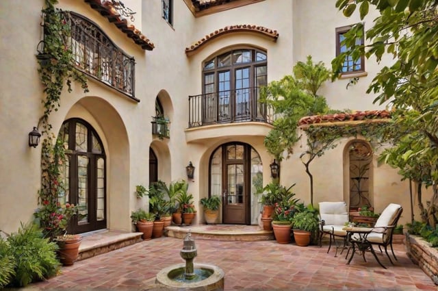 A Spanish style house with a fountain and potted plants in front of it.