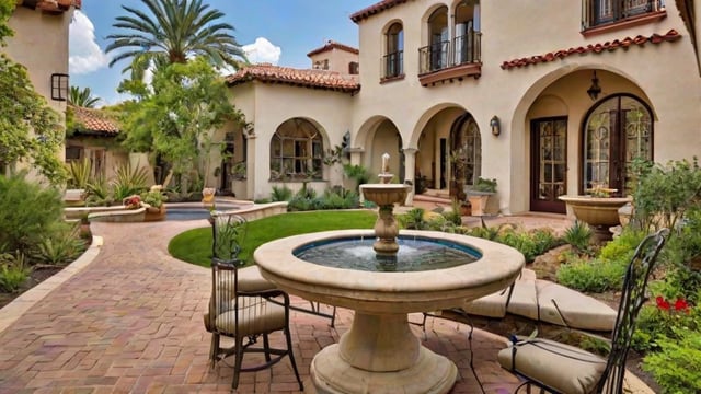 A house with a fountain in the middle of a courtyard. The house is surrounded by a garden with a variety of potted plants and chairs.