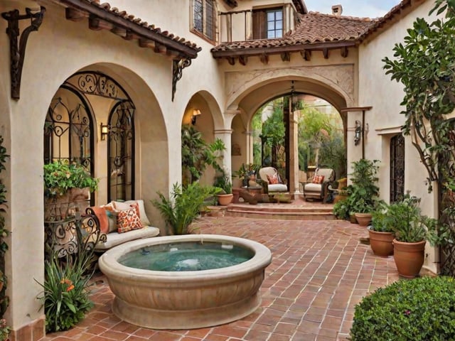 A house with a circular pool, fountain, and sitting area. The house has a Spanish style design with a white stucco exterior and a red tile roof.