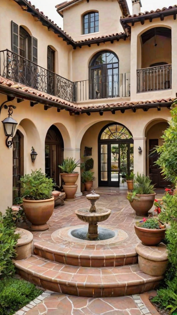 A Spanish style house with a fountain in the middle of a courtyard surrounded by potted plants.