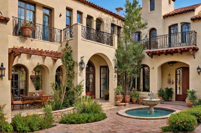 A Spanish style house with a fountain in the front yard.