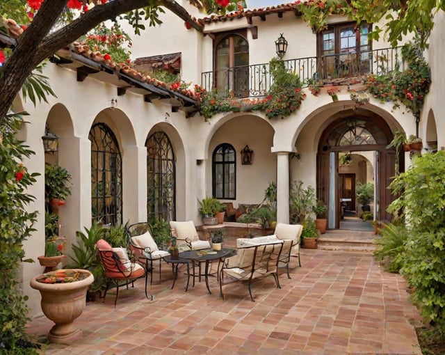 A beautiful Spanish style house with a patio set up featuring a table and chairs. The patio is surrounded by potted plants and flowers, creating a cozy and inviting atmosphere.