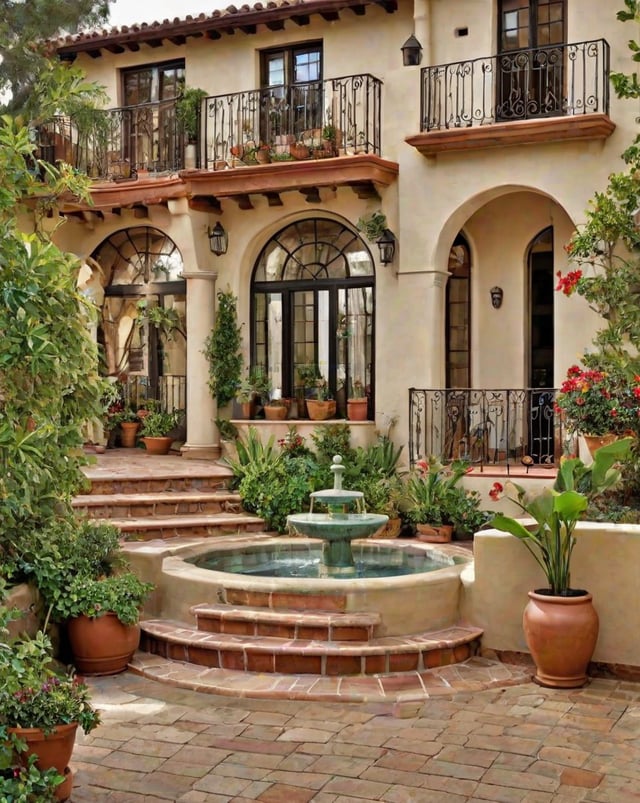 A house exterior with a fountain in the center, surrounded by potted plants and flowers.