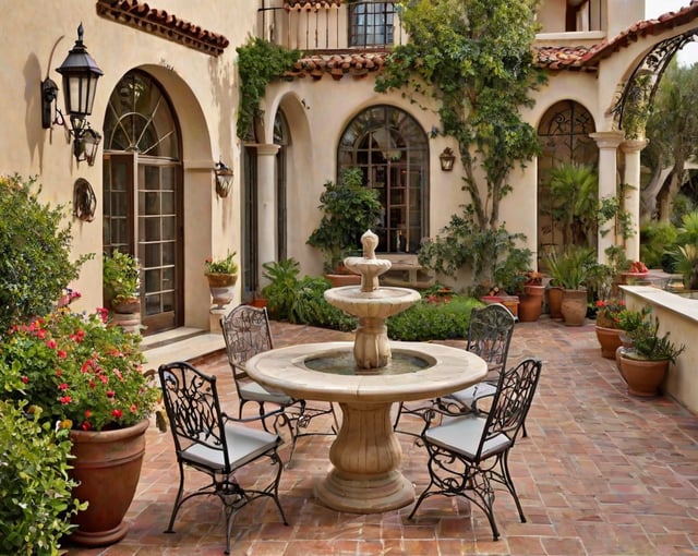 Outdoor patio with a fountain, chairs, and potted plants.