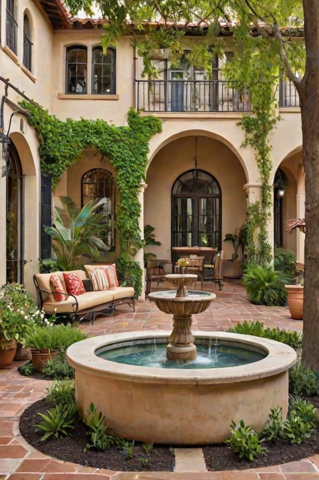 A Spanish style house with a fountain in the middle of a courtyard. The house is surrounded by plants and flowers, creating a serene and inviting atmosphere.