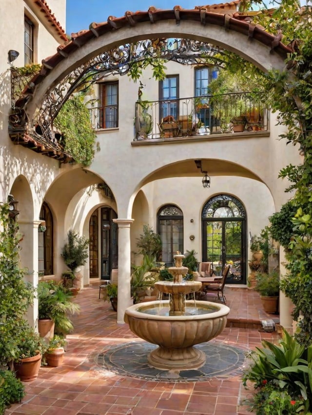 A Spanish style house with a fountain in the middle of a courtyard surrounded by potted plants.