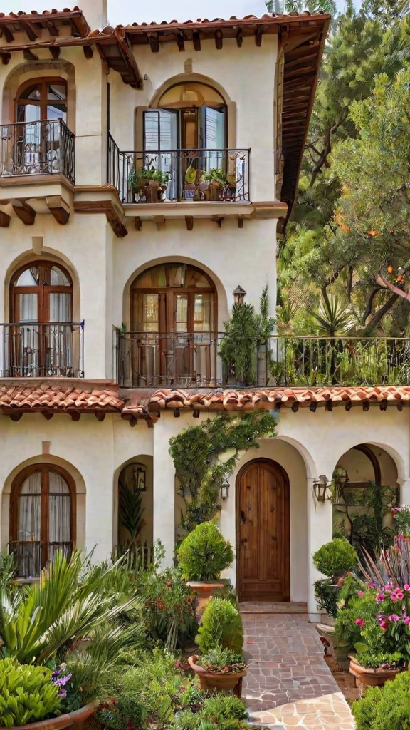 A Spanish style house with a red tile roof and wrought iron railing.