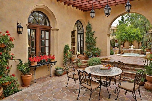 A backyard patio with a round table and chairs, surrounded by potted plants and flowers.