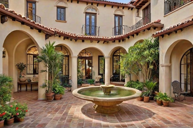 A house with a Spanish style design, featuring a circular driveway and a fountain in the center. The courtyard is surrounded by potted plants, adding to the overall aesthetic of the house.