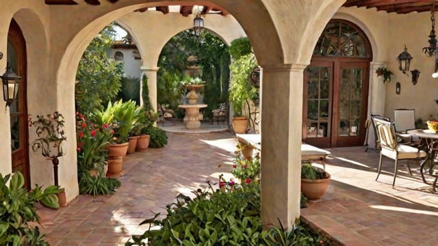 A beautiful Mediterranean garden with a fountain and potted plants