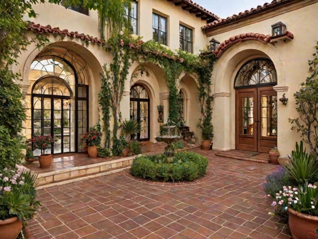 A Spanish style house with a fountain and garden in front of it.