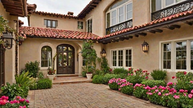 A Spanish style house with a red tile roof, a brick driveway, and a well-maintained front yard with potted plants and flowers.