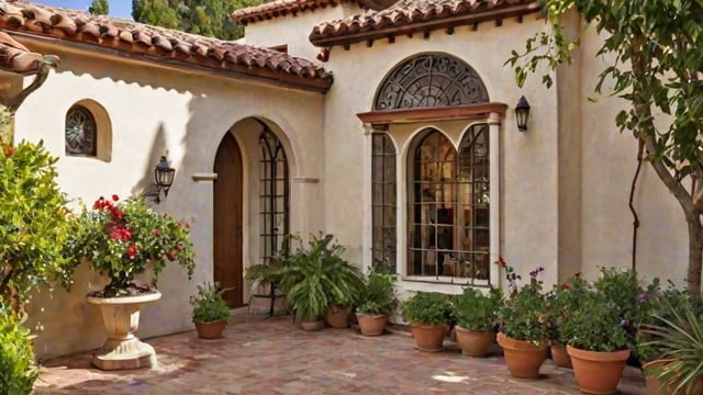 A house with a white exterior, red tile roof, and many potted plants in front of it.