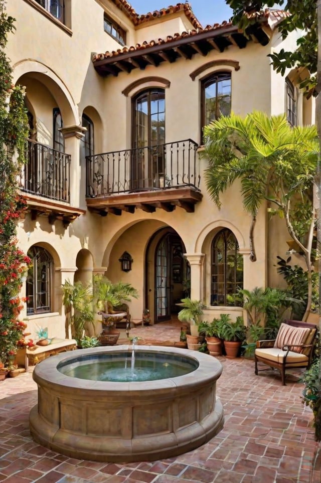 A Spanish style house with a fountain in the center of the courtyard, surrounded by potted plants.