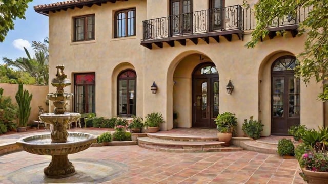 A Spanish style house with a fountain and balcony. The front door is open, inviting visitors.