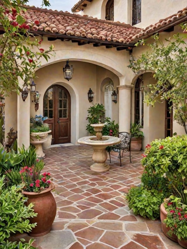 Spanish style house exterior with a fountain and potted plants