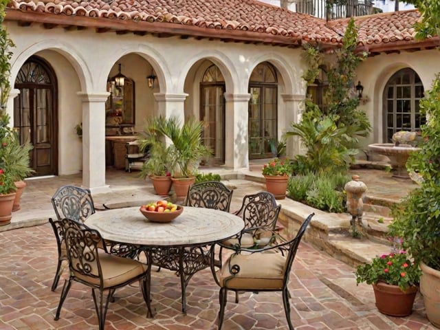 Outdoor patio set with a bowl of fruit on a table. The table is surrounded by chairs and potted plants. The house has a Spanish style design.