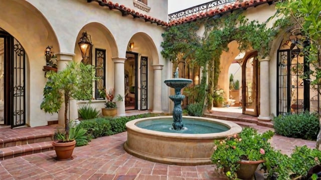 A house with a fountain in the middle of the courtyard. The house has a Spanish style design and is surrounded by greenery.