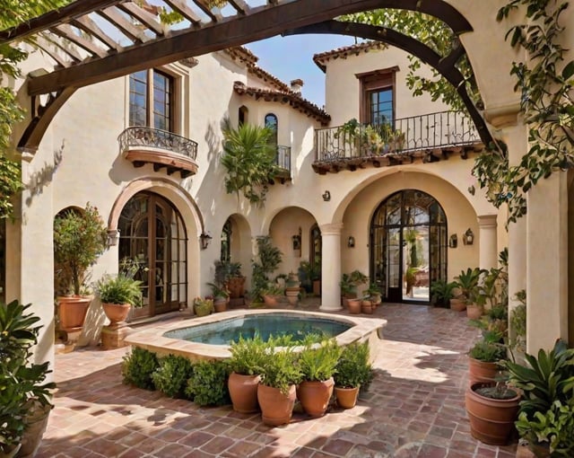 A beautiful Spanish style house with a large patio featuring a fountain and numerous potted plants. The house has a white stucco exterior and a red tile roof.