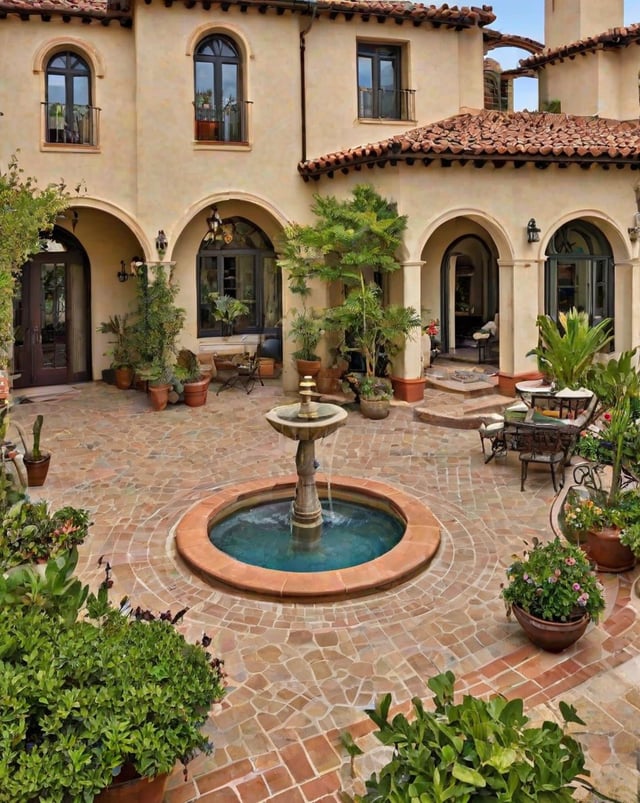 A house exterior with a fountain in the middle of a courtyard, surrounded by potted plants and vases. The courtyard features archways and seating options, creating a serene and inviting atmosphere.