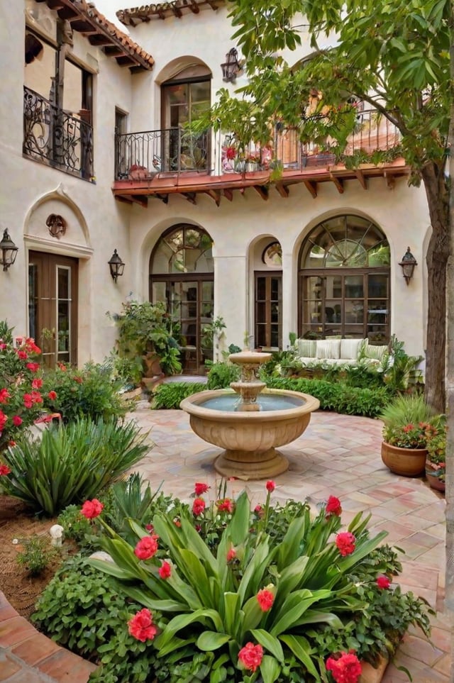 A beautiful Spanish style house with a red roof and white walls, surrounded by a garden filled with plants and flowers. A fountain serves as the centerpiece of the garden, creating a peaceful atmosphere.