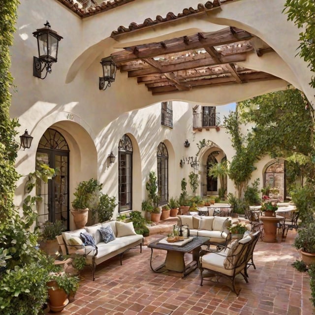 A beautiful house exterior with a patio area featuring a couch, chairs, and a dining table. The patio is adorned with potted plants and vases.