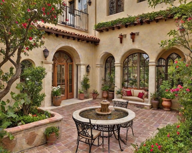 A Spanish style house with a patio and a fountain. The patio has a table and chairs, and the house is adorned with potted plants and flowers.