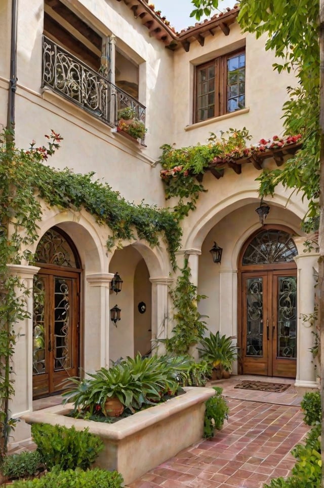 A Spanish style house exterior with a large archway, balcony, ivy, flowers, and a potted plant.