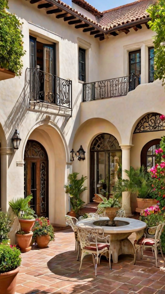 A house exterior with a fountain and a balcony. The house has a white and beige color scheme with a black iron railing. The front door is open, revealing a lovely patio with a potted plant and chairs. The house also features a fountain and a statue.