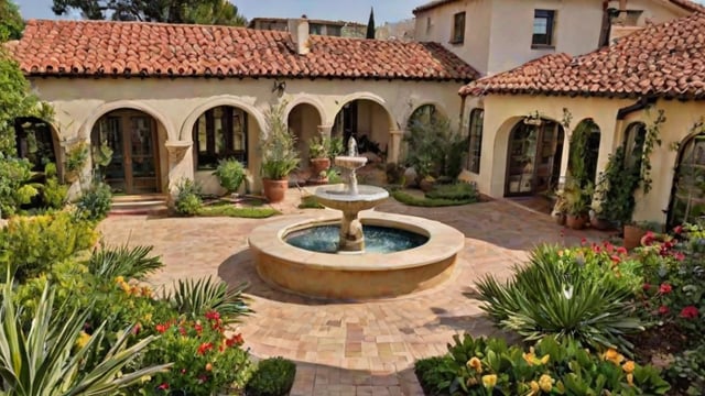 A beautiful courtyard with a fountain in the middle, surrounded by a white building with red tiled roofs. The courtyard is adorned with various potted plants and flowers, creating a serene and inviting atmosphere.