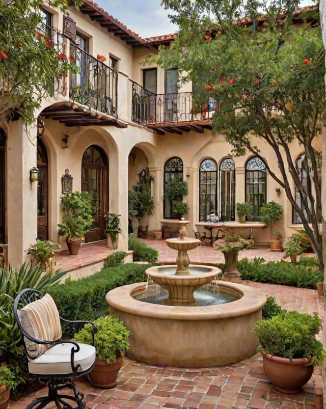 A house with a Spanish style architecture and a fountain in the middle of a garden. The garden is filled with potted plants and flowers.