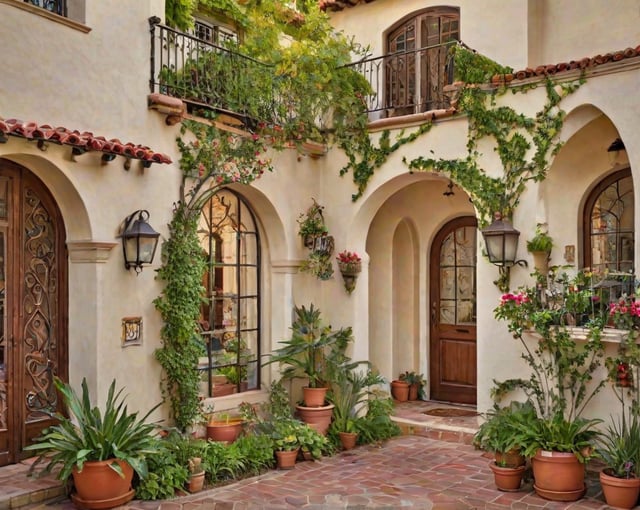 A house exterior with a brick walkway, potted plants, and a balcony with a railing and window.