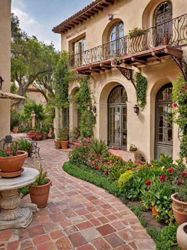 A house exterior with a brick walkway and various potted plants and flowers.