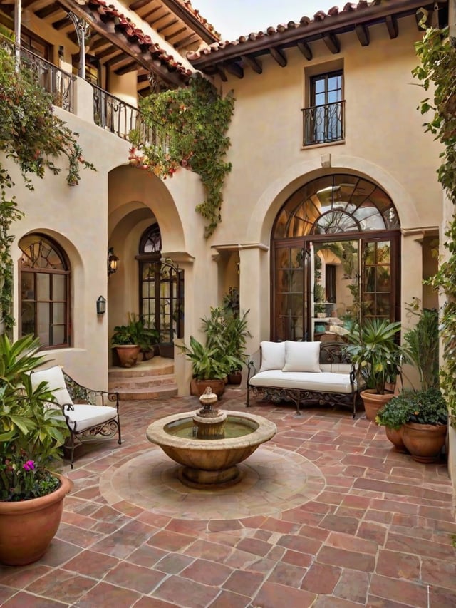 A house with a fountain in the middle, surrounded by plants and potted plants.